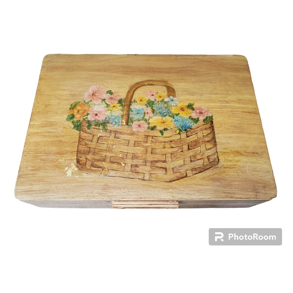 Vintage Large Wooden Hinged Box Pretty Fabric Lined Yellow Gingham Pattern AS IS